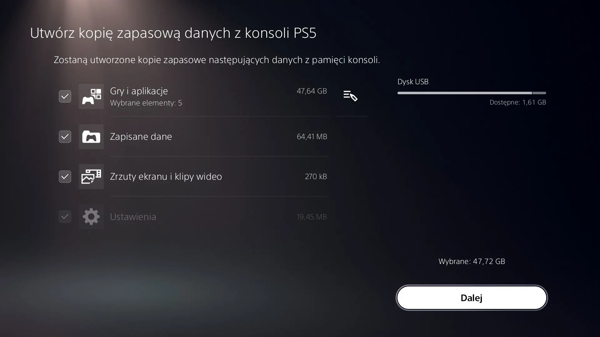 Wybranie rzeczy do backupu
